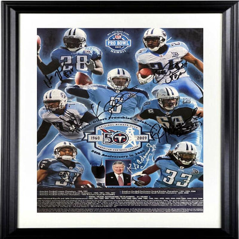 1960-2009 Tennessee Titans/Houston Oilers Signed Poster-Custom Framing 7 sigs K.S. Bud Adams Jr /Mawae/Collins/C. Johnson-BAS