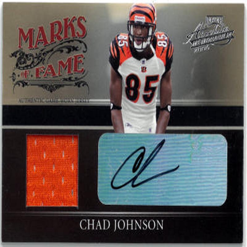 Chad Johnson signed 2006 Donruss Playoff Absolute Memorabilia Auto/Game Worn Marks of Fame Card #MW-23- 042/100 (Bengals)