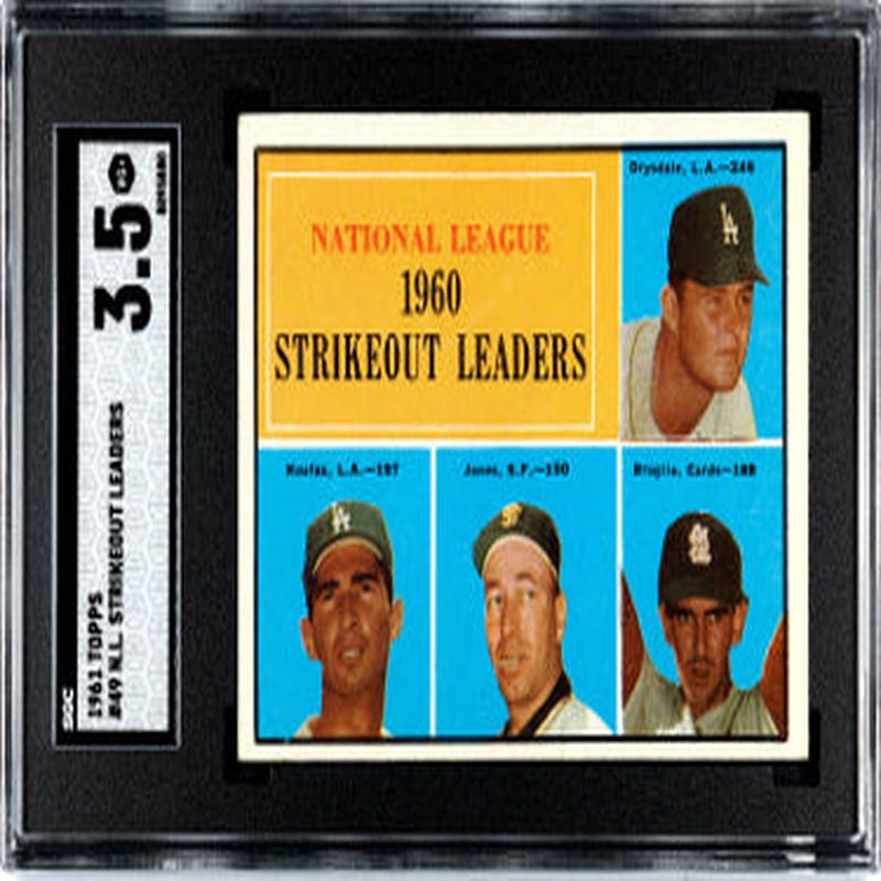 1961 Topps NL Strikeout Leaders Card #49- Sandy Koufax/Don Drysdale- SGC Graded 3.5 VG+