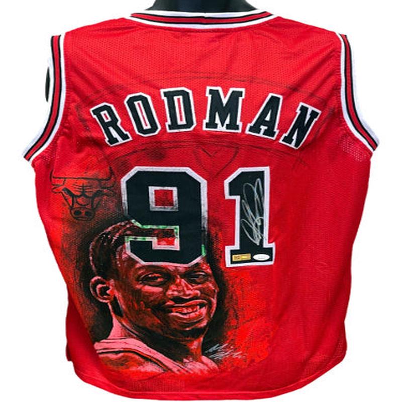 Dennis Rodman signed Chicago Hand Painted 1/1 Red Custom Stitched Basketball Jersey XL- JSA Witnessed