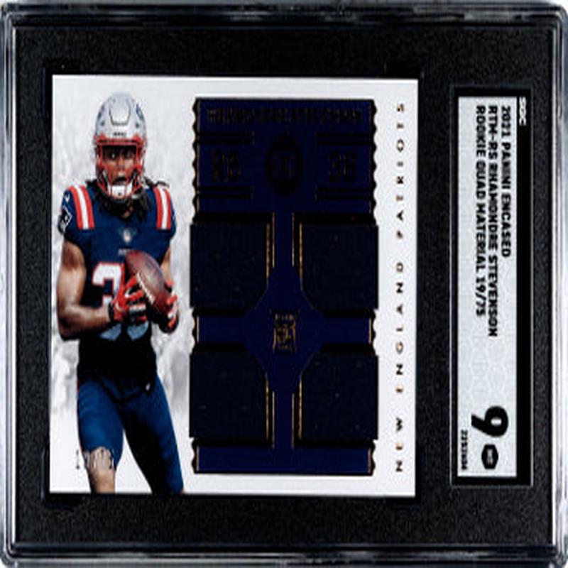 Rhamondre Stevenson 2021 Panini Encased Rookie Quad Material Card #RTM-RS- /75- SGC Graded 9 Mint (New England Patriots)