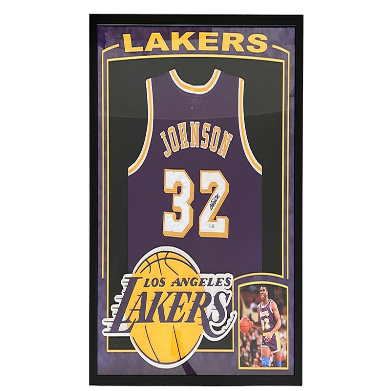 Magic Johnson Signed Los Angeles 34×42 3D Logo Farmed Basketball Jersey (Blackett)
