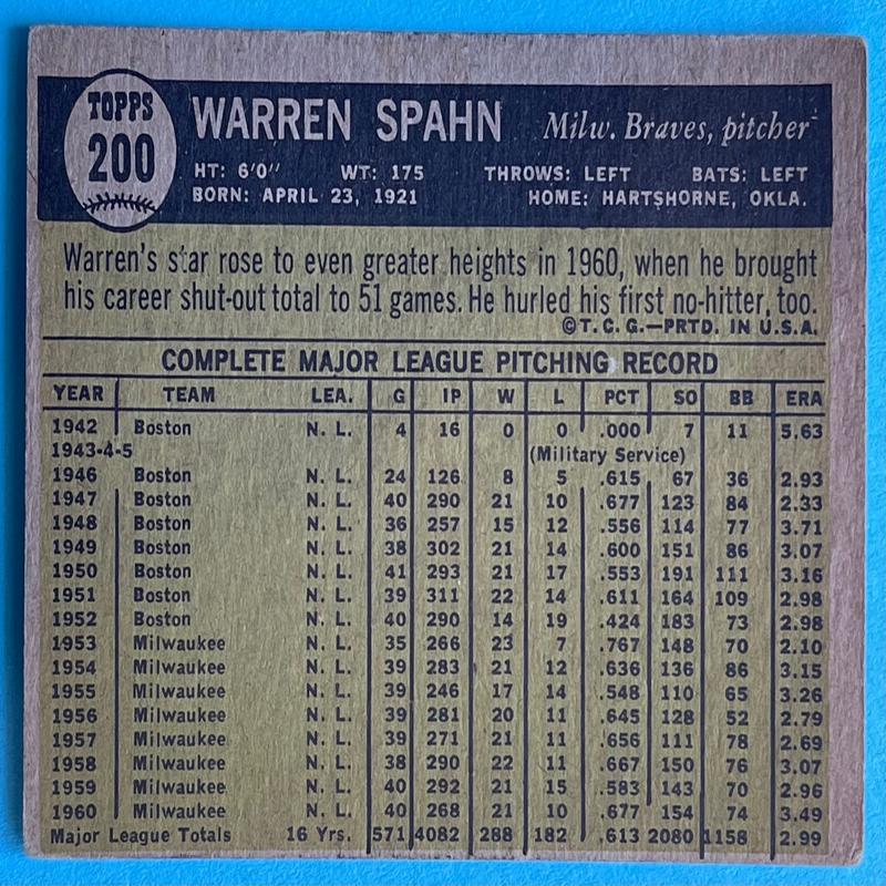 Warren Spahn 1961 Topps Baseball Card #200