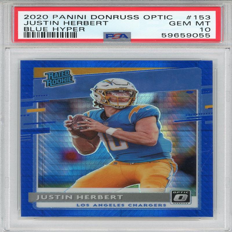 Justin Herbert 2020 Panini Donruss Optic Blue Hyper Prizm Rated Rookie Card #153 (PSA 10)