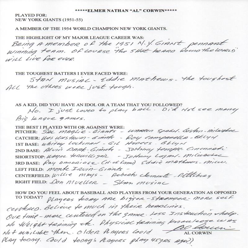 Al Corwin Autographed Hand Filled Out Survey Page (JSA)