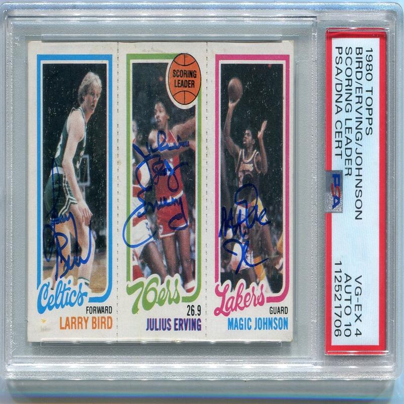 Larry Bird, Julius Erving & Magic Johnson Autographed 1980 Topps RC PSA Graded 4 Auto 10 PSA/DNA Certified