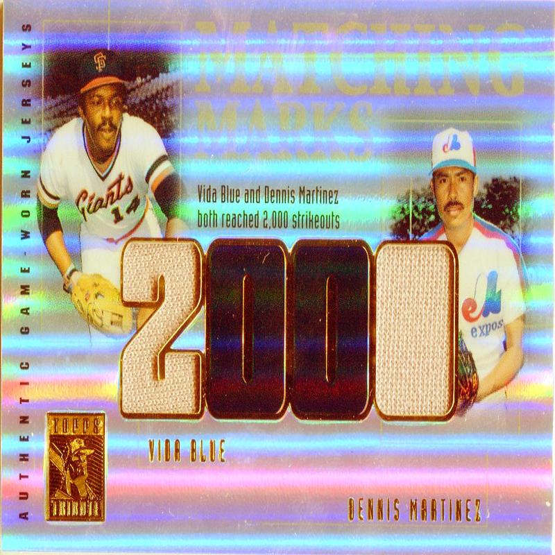 Dennis Martinez and Vida Blue 2002 Topps Tribute Game Worn Jersey Card